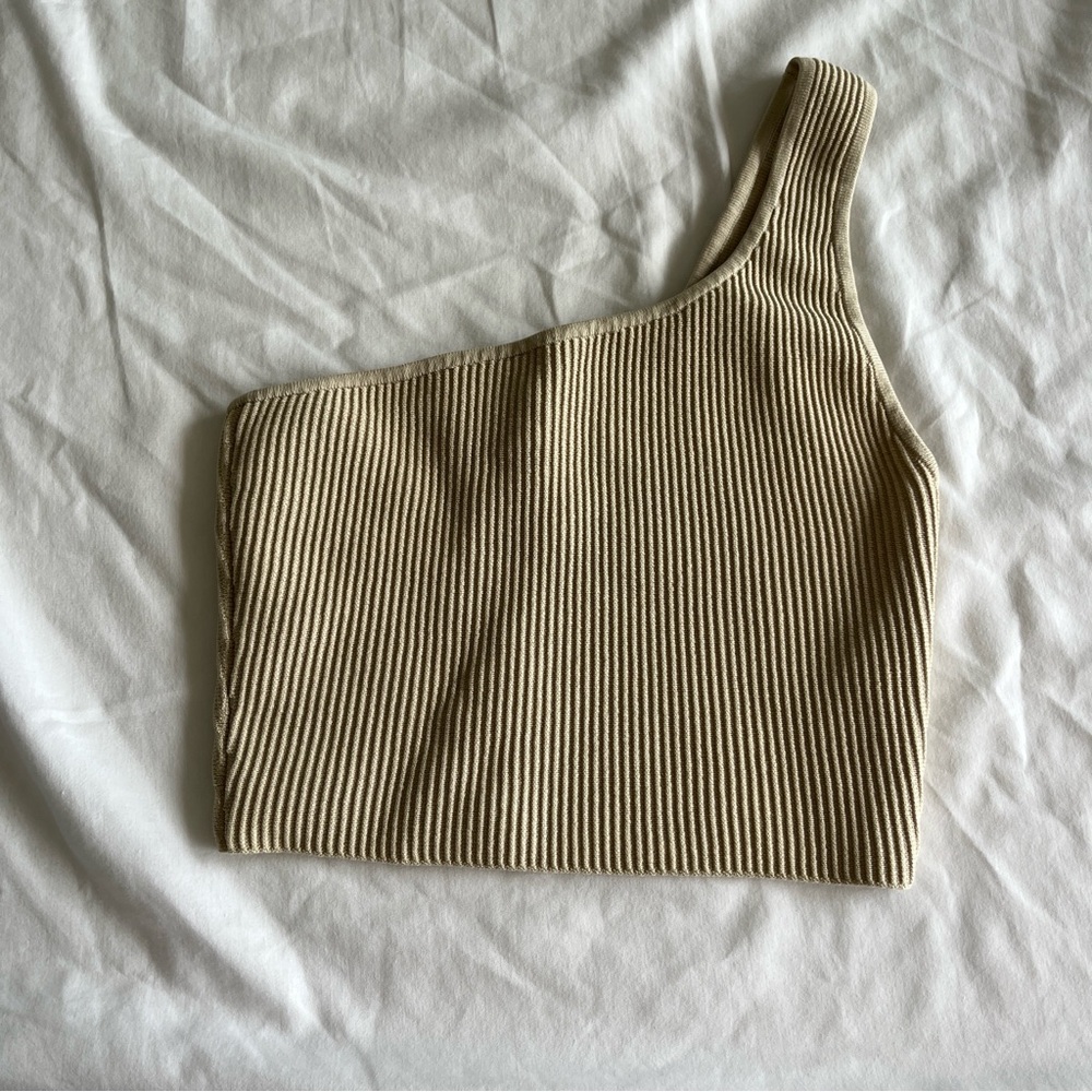 Babaton Beige Ribbed One-Shoulder Top
